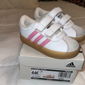 adidas Kids White Sneakers with Pink Stripes and Gum Sole